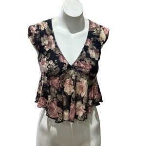 French Blue Blouse Womens M Black Pink Floral Lace Sheer V-Neck Peplum